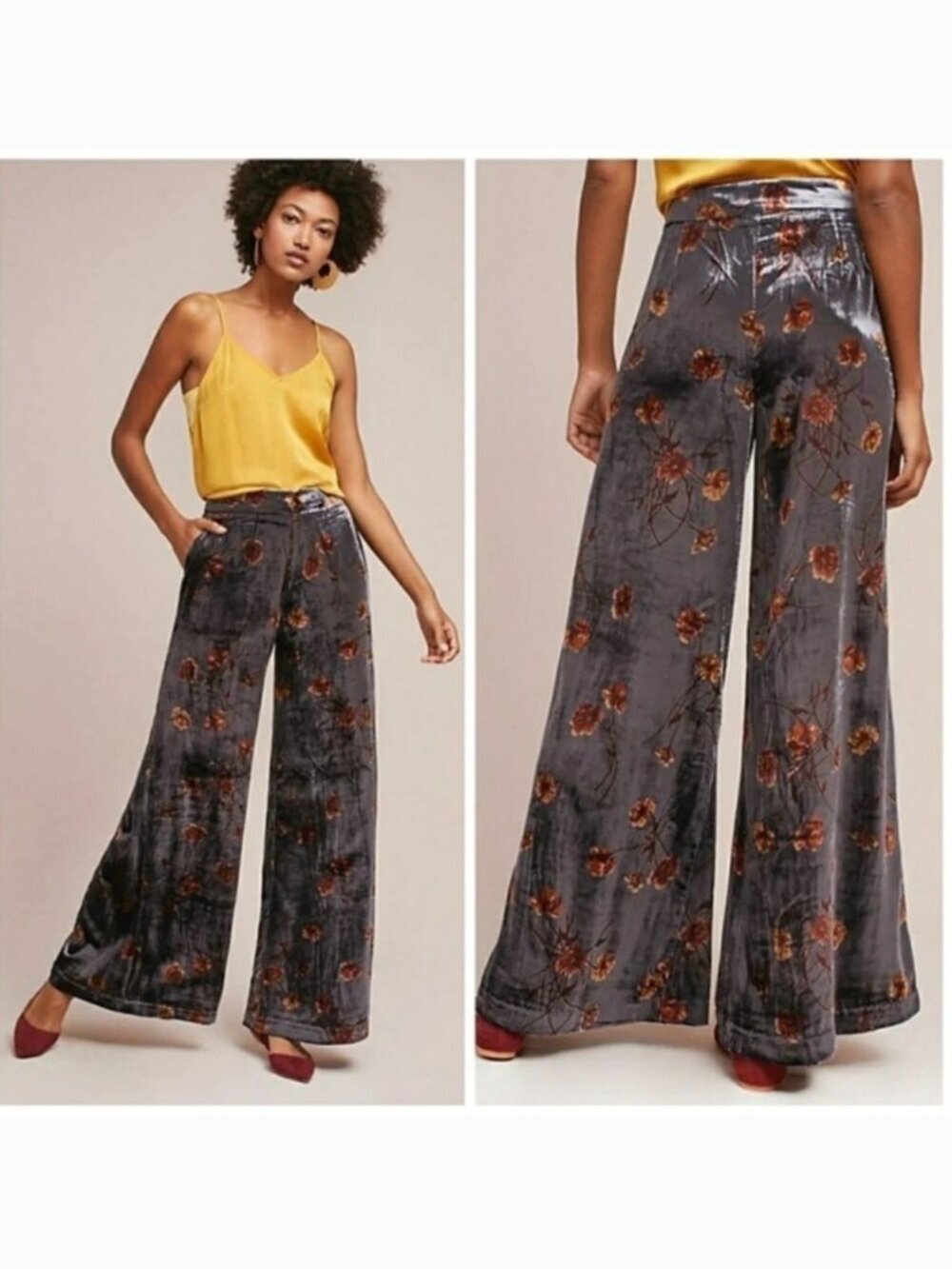 Anthropologie Ett Twa Jesse Soft Velvet Wide Leg Floral Pants Sz Small